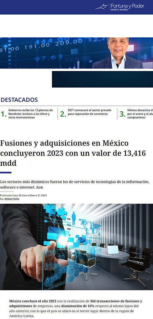 Fusiones y adquisiciones en Mxico concluyeron 2023 con un valor de 13,416 mdd